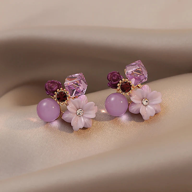 Purple Crystal Flower Stud Earrings For Woman  Korean Fashion Jewelry Wedding Party Girl Elegance Set Accessories