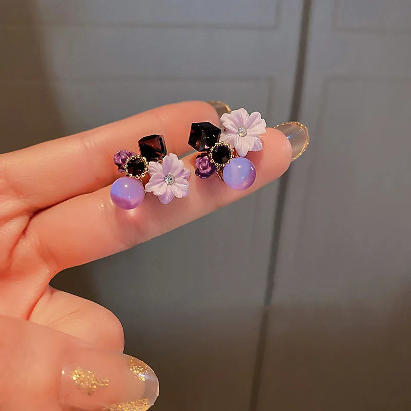 Purple Crystal Flower Stud Earrings For Woman  Korean Fashion Jewelry Wedding Party Girl Elegance Set Accessories