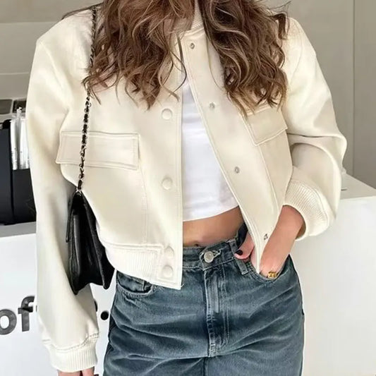 2024 Woman Bomber Jacket Coat White Autumn Winter Button Baseball Aviator Cropped Jackets For Women Long Sleeve Crop Outerwear